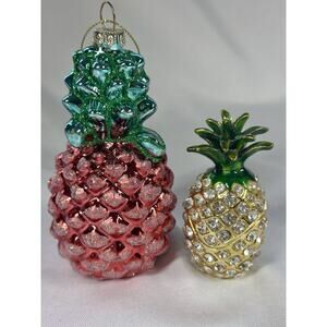 Bejeweled Gold Pineapple Hinged Metal Trinket box 3"H / Christmas Glass Ornament